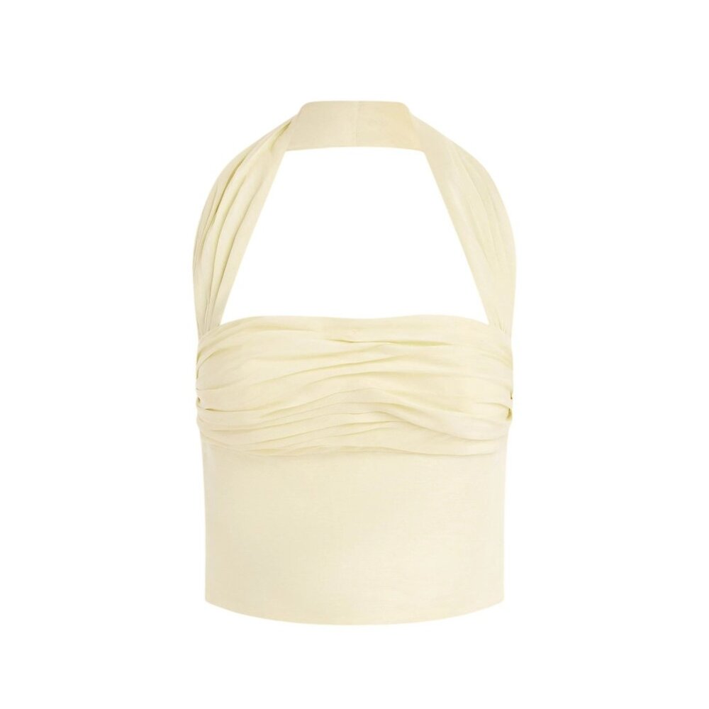 Venroy Silk Linen Halter Top in Pastel Yellow